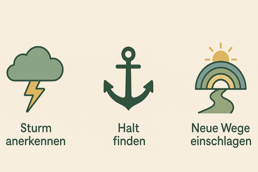 Infografik zeigt die drei Phasen: Sturm anerkennen, Anker finden, neue Wege einschlagen