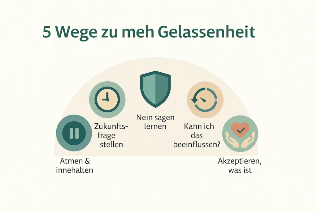 Infografik ‚5 Wege zu mehr Gelassenheit‘ mit fünf Symbolen im Halbkreis: Pause-Taste (Atmen & innehalten), Lupe mit Uhr (Zukunftsfrage stellen), Schutzschild (Nein sagen lernen), Kreispfeile (Kann ich das beeinflussen?), Herz in Händen (Akzeptieren, was ist).