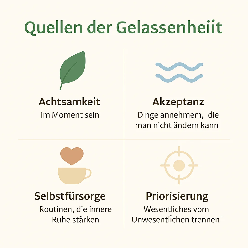 Infografik ‚Quellen der Gelassenheit‘ mit vier Symbolen: Blatt für Achtsamkeit, Wellen für Akzeptanz, Herz in Tasse für Selbstfürsorge, Zielscheibe für Priorisierung.