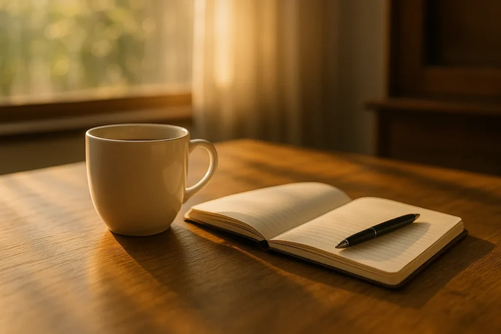 Kaffeetasse und Notizbuch im Morgenlicht – Achtsamkeit im Alltag entdecken