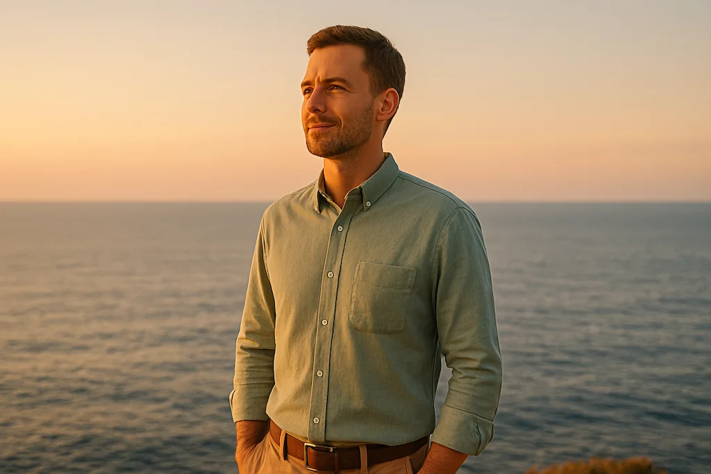 Eine Person steht auf einer Anhöhe am Meer im Morgenlicht, blickt zuversichtlich in die Ferne – Symbol für Eigenverantwortung und Klarheit.