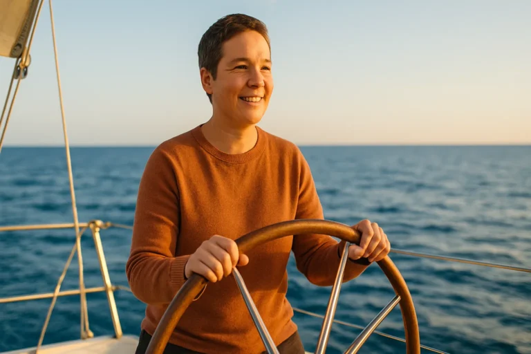 Person hat beide Hände am Steuerrad - steuert ein Segelboot. Symbol für Eigenverantwortung.