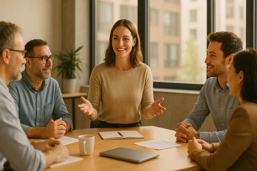 Eine Frau spricht offen in einer Teambesprechung, um die Stimmung zu verbessern. Symbol für Eigenverantwortung und konstruktive Zusammenarbeit.
