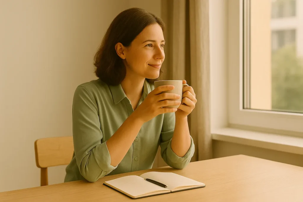 Frau sitzt entspannt am Fenster, hält eine Teetasse in den Händen. Auf dem Tisch liegen Notizbuch und Stift – Symbol für Gelassenheit und Klarheit.