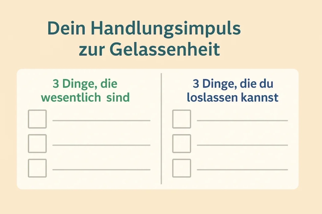 Infografik ‚Dein Handlungsimpuls zur Gelassenheit‘ mit zwei Spalten: links drei Checkboxen ‚3 Dinge, die wesentlich sind‘, rechts drei Checkboxen ‚3 Dinge, die du loslassen kannst‘.