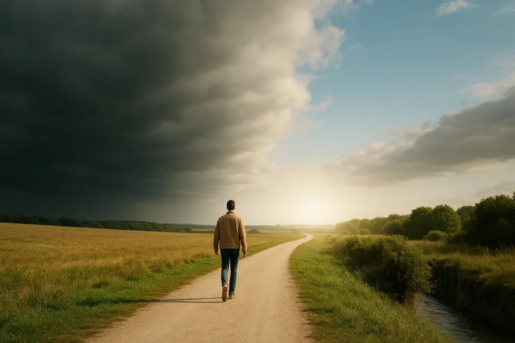 Person geht einen hellen Weg nach einem Sturm – Symbol für Neuanfang nach Krisen
