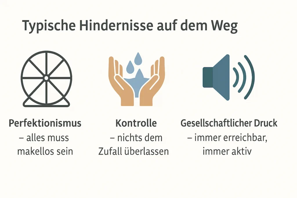 Infografik ‚Typische Hindernisse auf dem Weg‘ mit drei Symbolen: Hamsterrad für Perfektionismus, Hände mit Wasser für Kontrolle, Lautsprecher für gesellschaftlichen Druck.