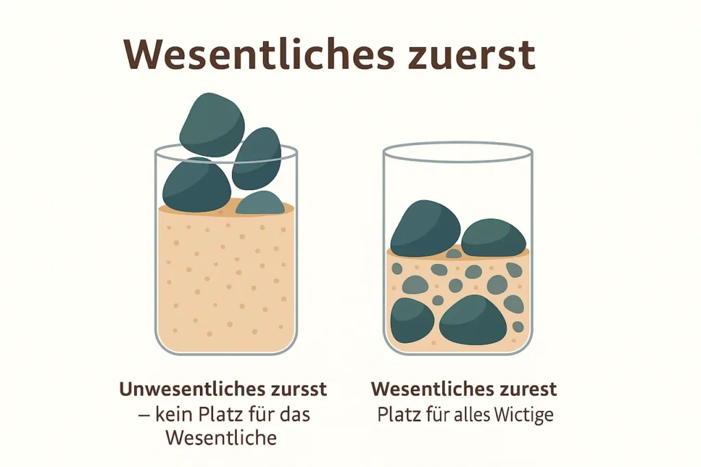 Infografik mit zwei Gläsern: Linkes Glas voller Sand und Kiesel, große Steine ragen oben heraus. Rechtes Glas zuerst mit großen Steinen gefüllt, dazwischen Kiesel und Sand, oben freier Raum sichtbar.