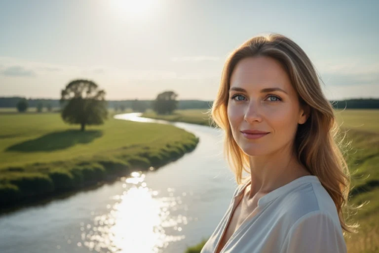 Frau steht ruhig an einem sonnigen Flussufer und blickt gelassen in die Weite – Symbol für Sinn, Erfüllung und Zufriedenheit im Leben.