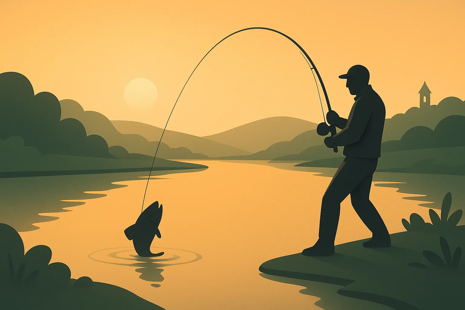 Angler als Silhouette beim Drill mit einem großen Fisch am ruhigen Fluss in der Abenddämmerung, im Hintergrund ein kleiner Glockenturm.
