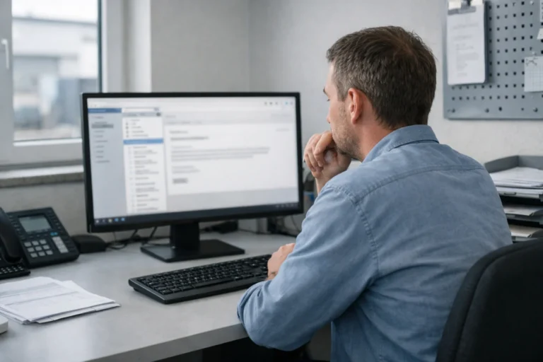 Unternehmer im Büro reagiert auf kritische E-Mail – innere Haltung und Entscheidung im Fokus